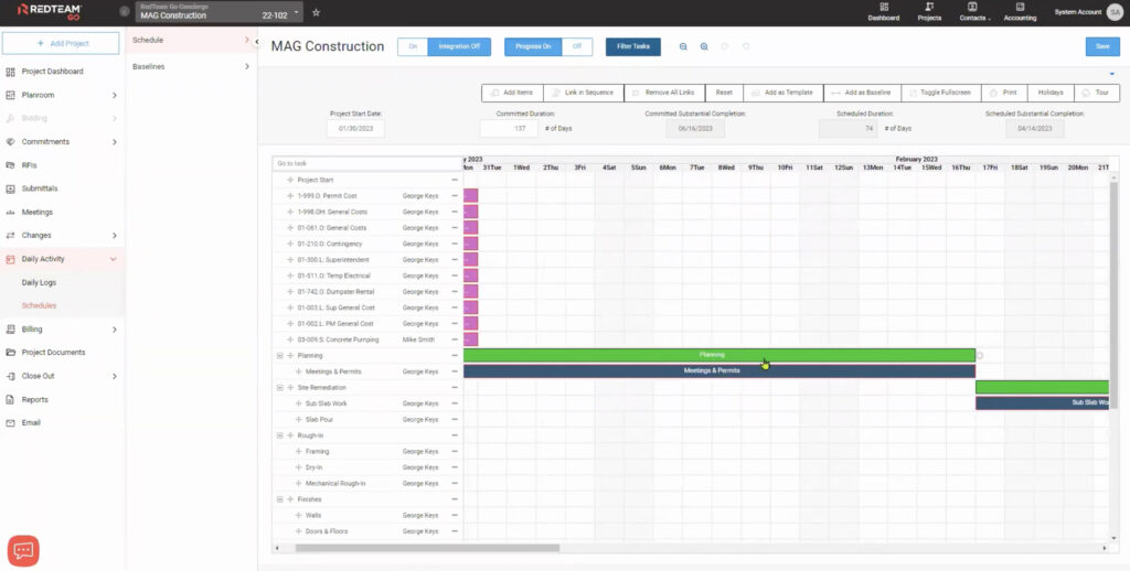 RedTeam Construction Project Management Software Scheduling