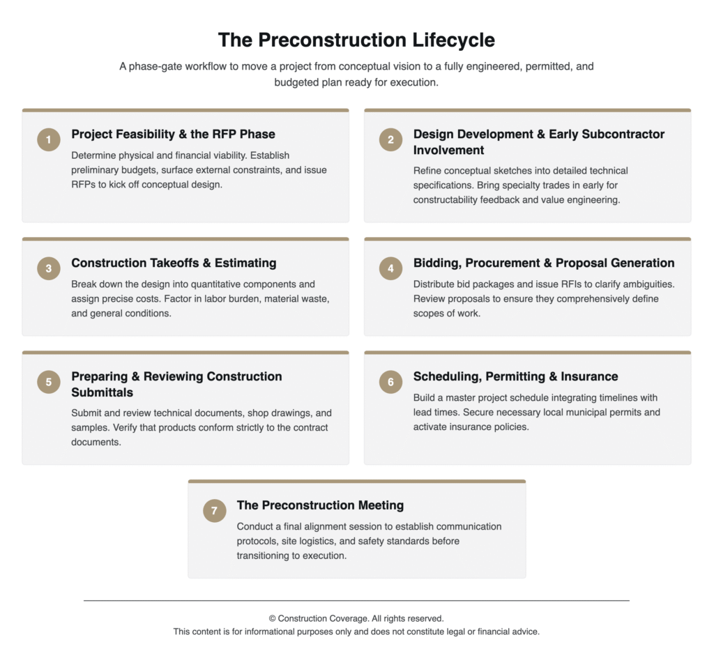 Diagram illustrating the 7 phases of the commercial preconstruction lifecycle, starting with project feasibility and ending with the final preconstruction meeting.
