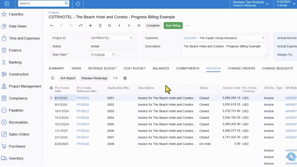 A screenshot of the Acumatica Construction Edition accounting user interface