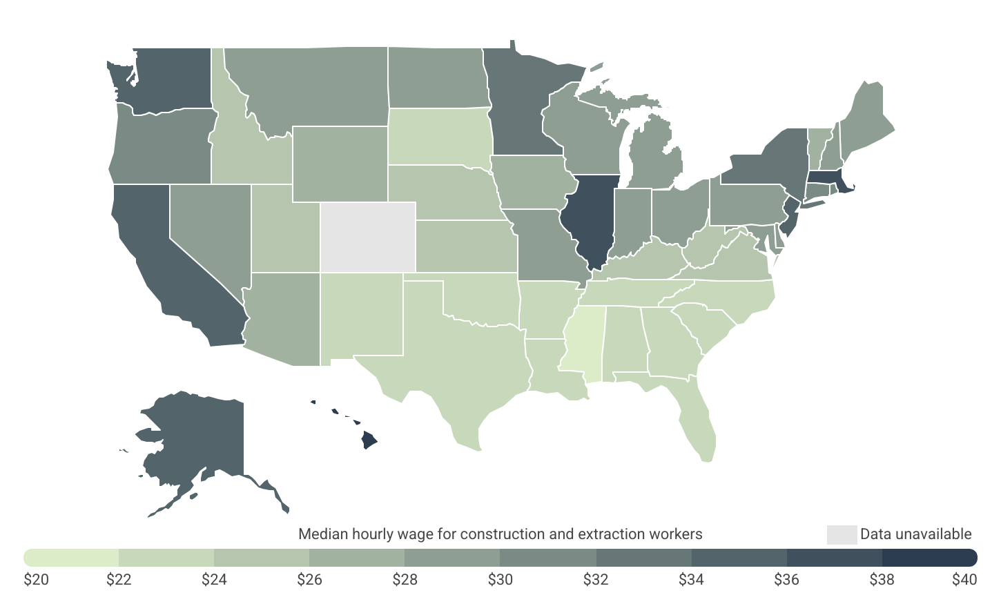 Hawaii, Illinois, and Massachusetts report the highest median hourly wages for construction workers