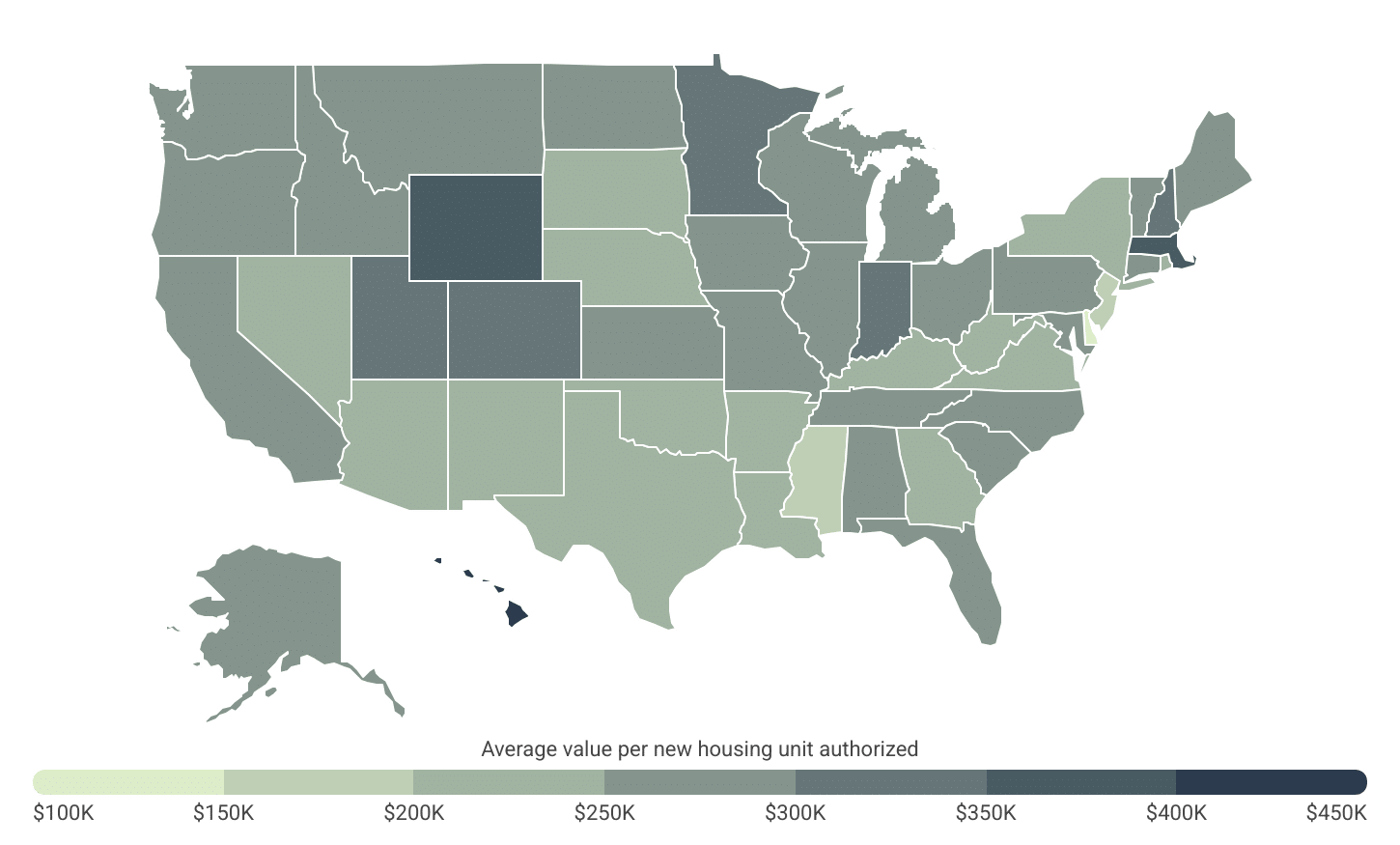 Delaware and New Jersey had the lowest average construction value per new residential unit