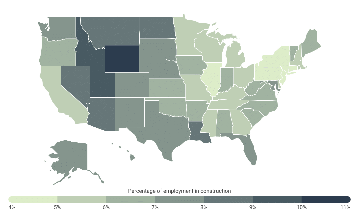 Wyoming, Utah, and Idaho have the highest concentration of construction workers