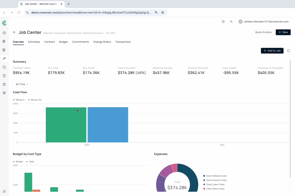 Screenshot of the CrewCost's Job Center (Construction Accounting Software)