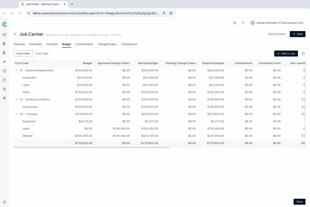 Screenshot of the CrewCost budgeting tool in the Job Center (Construction Accounting Software)