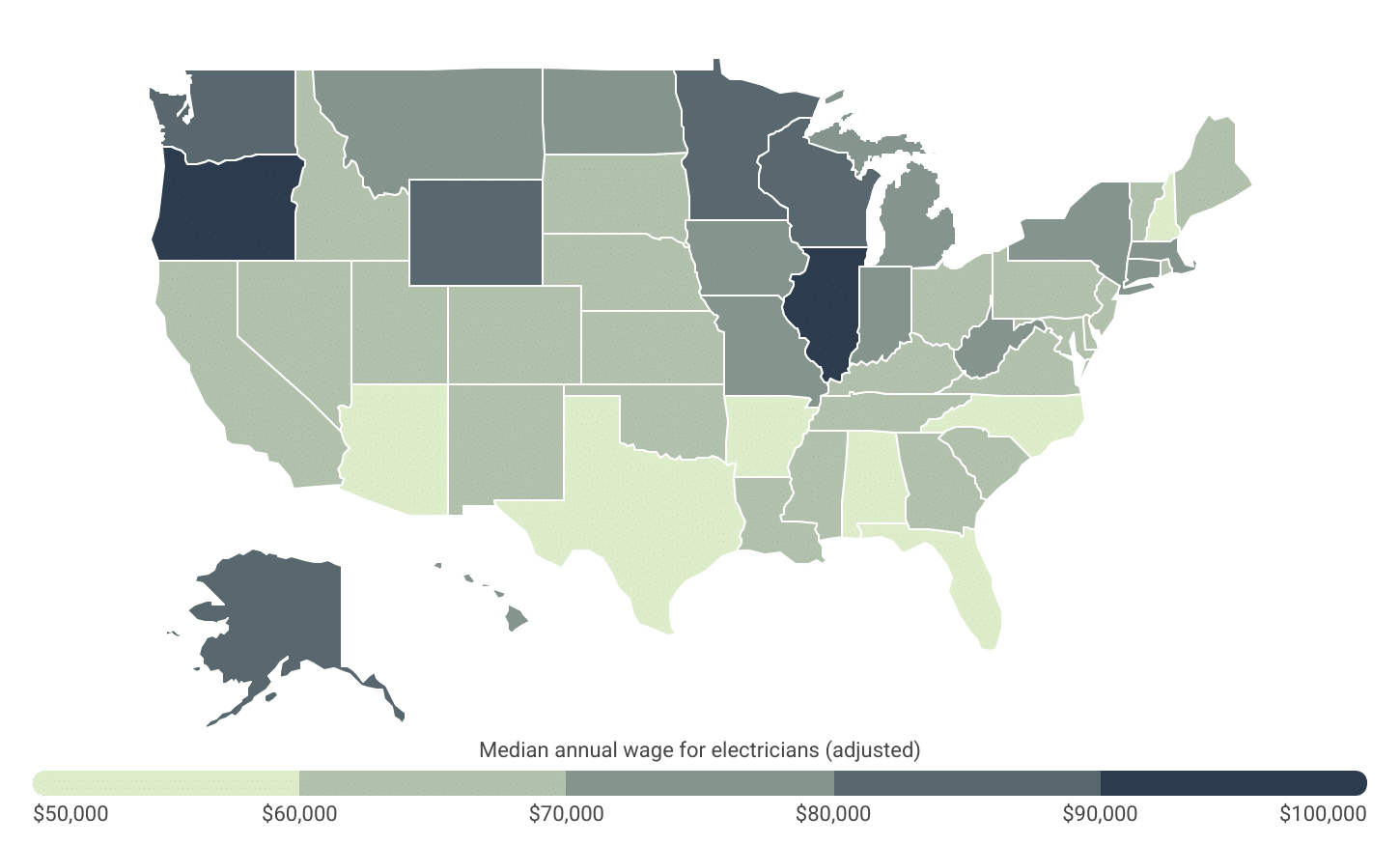 Illinois, Oregon, and Washington offer the best compensation for electricians—all over $88K per year