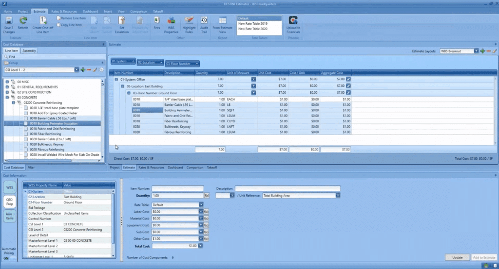 Screenshot of the DESTINI Estimator cost database being used to drill down on a specific line item to investigate or adjust the cost estimate.