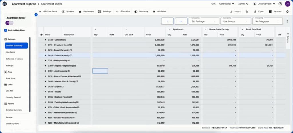 Screenshot of Ediphi's Estimating Software being used to review a Detailed Summary of an estimate for an "Apartment Tower" project.