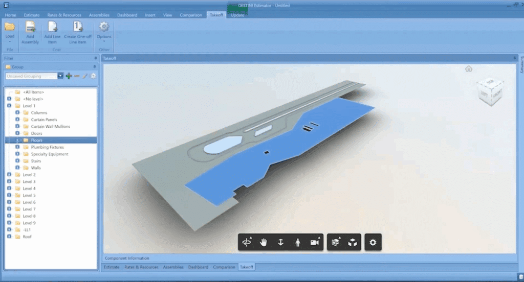 Screenshot of the DESTINI Estimator 3D takeoff module being used to perform a takeoff on a specific section of flooring on a multi-story project.