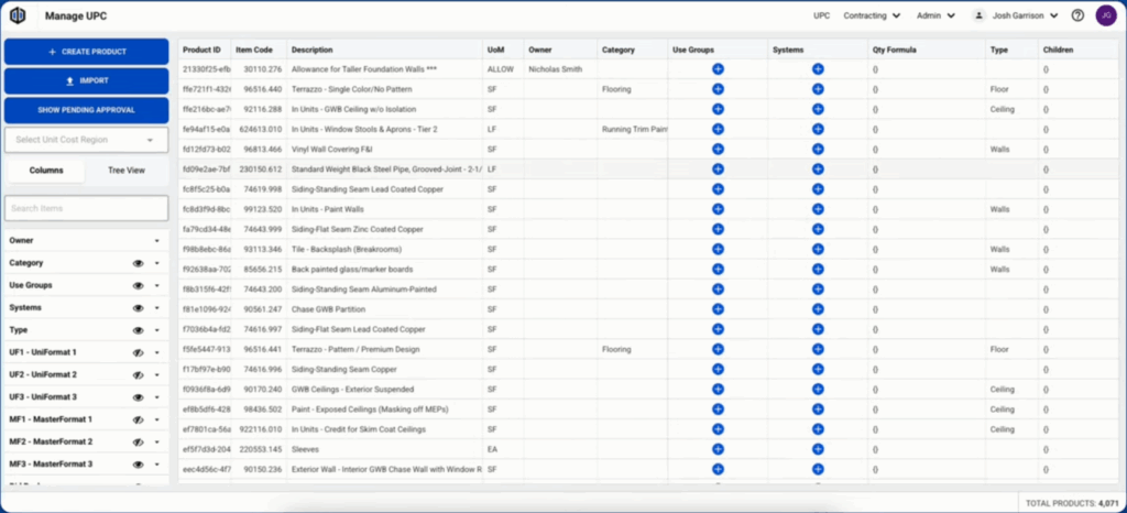 Screenshot of the Ediphi Unit Price Catalogue (UPC) displaying several wall, window, flooring, and ceiling parts listed with the options to edit existing parts, import new parts, or create parts manually.