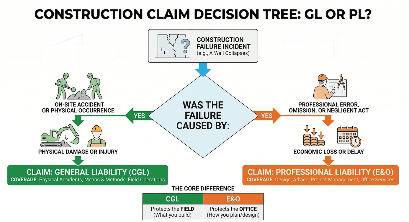 A construction claim decision tree flowchart showing how physical field execution errors trigger General Liability (CGL) claims, while flawed design and planning errors trigger Professional Liability (E&O) claims.