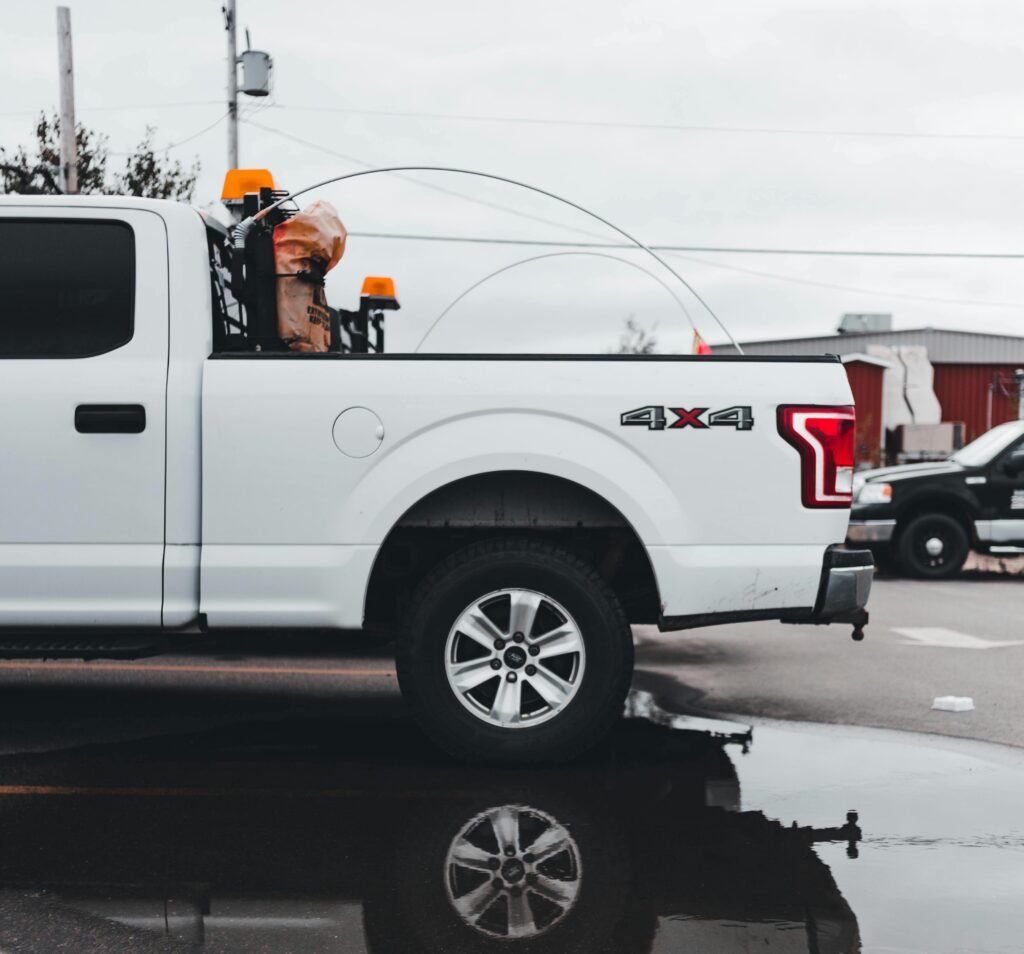 Pickup truck with attachments for construction site