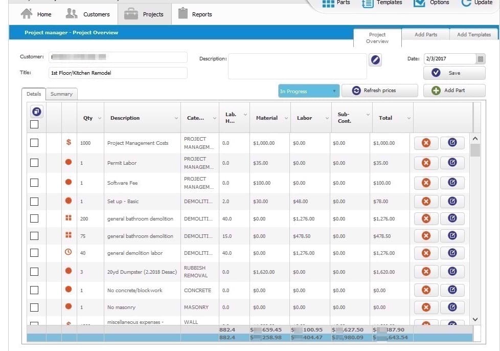 Screenshot of Clear Estimates Project Overview showing all of the detailed cost line items for an in-progress kitchen remodel project.