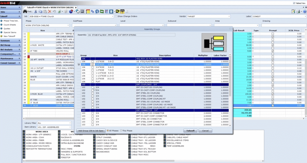 Screenshot of ConEst IntelliBid interface with a specific Assembly Group pulled up during a takeoff.
