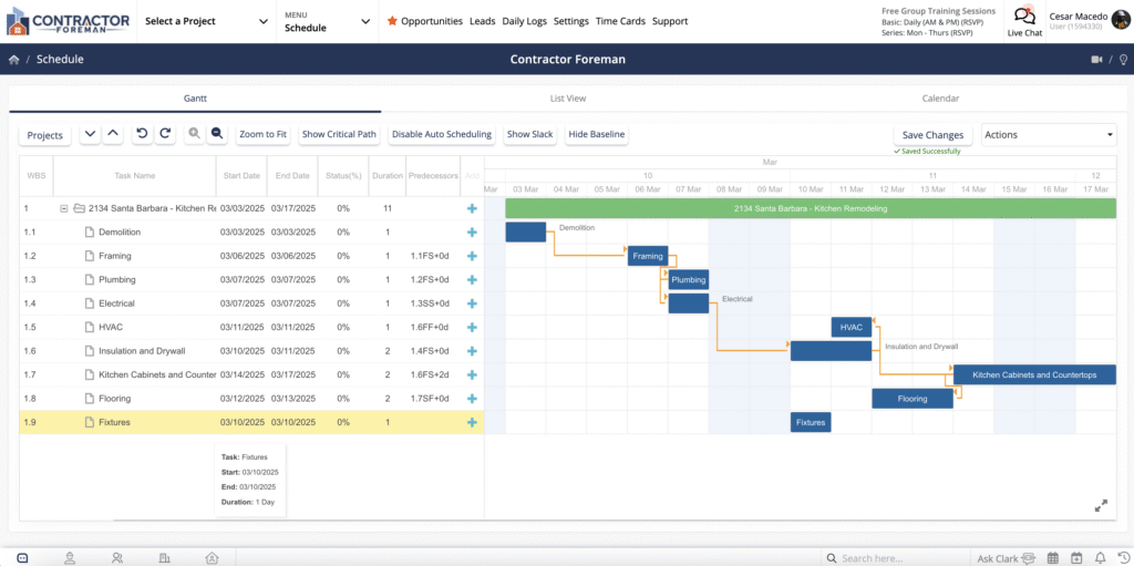 ContractorForeman Project Management Software Gantt Chart Screenshot