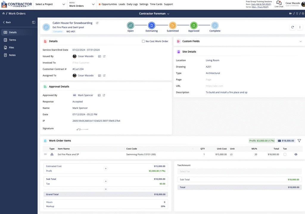 Contractor Foreman Project Summary Screenshot
