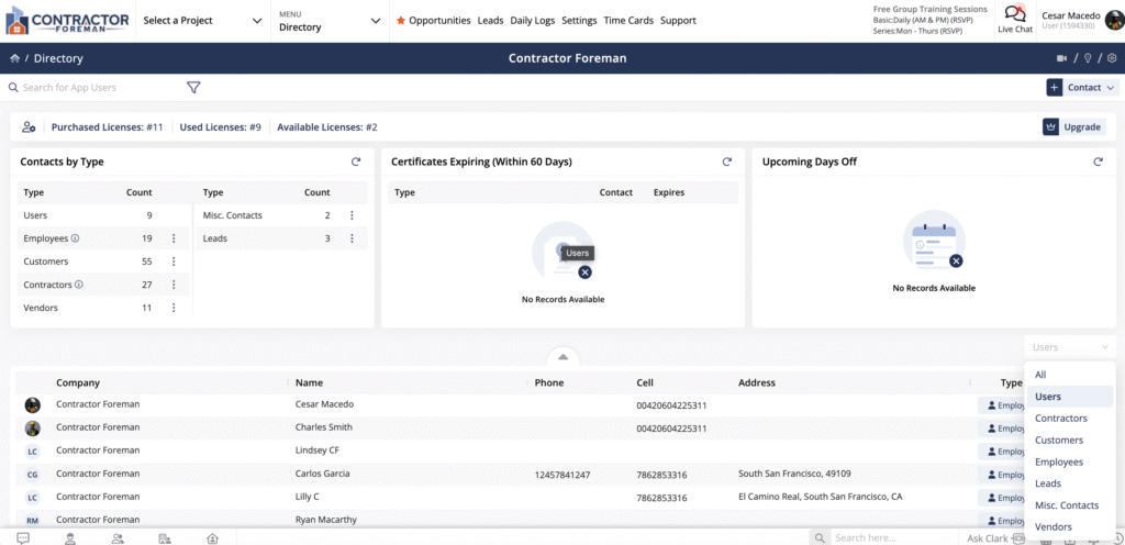 Contractor Foreman Subcontractor Management Interface Screenshot