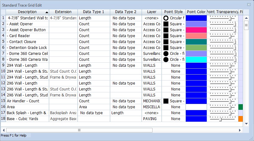 eTakeoff Dimension Trace Grid Interface Screenshot