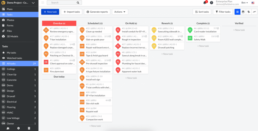 Fieldwire Project Management Software Task Management Board Screenshot