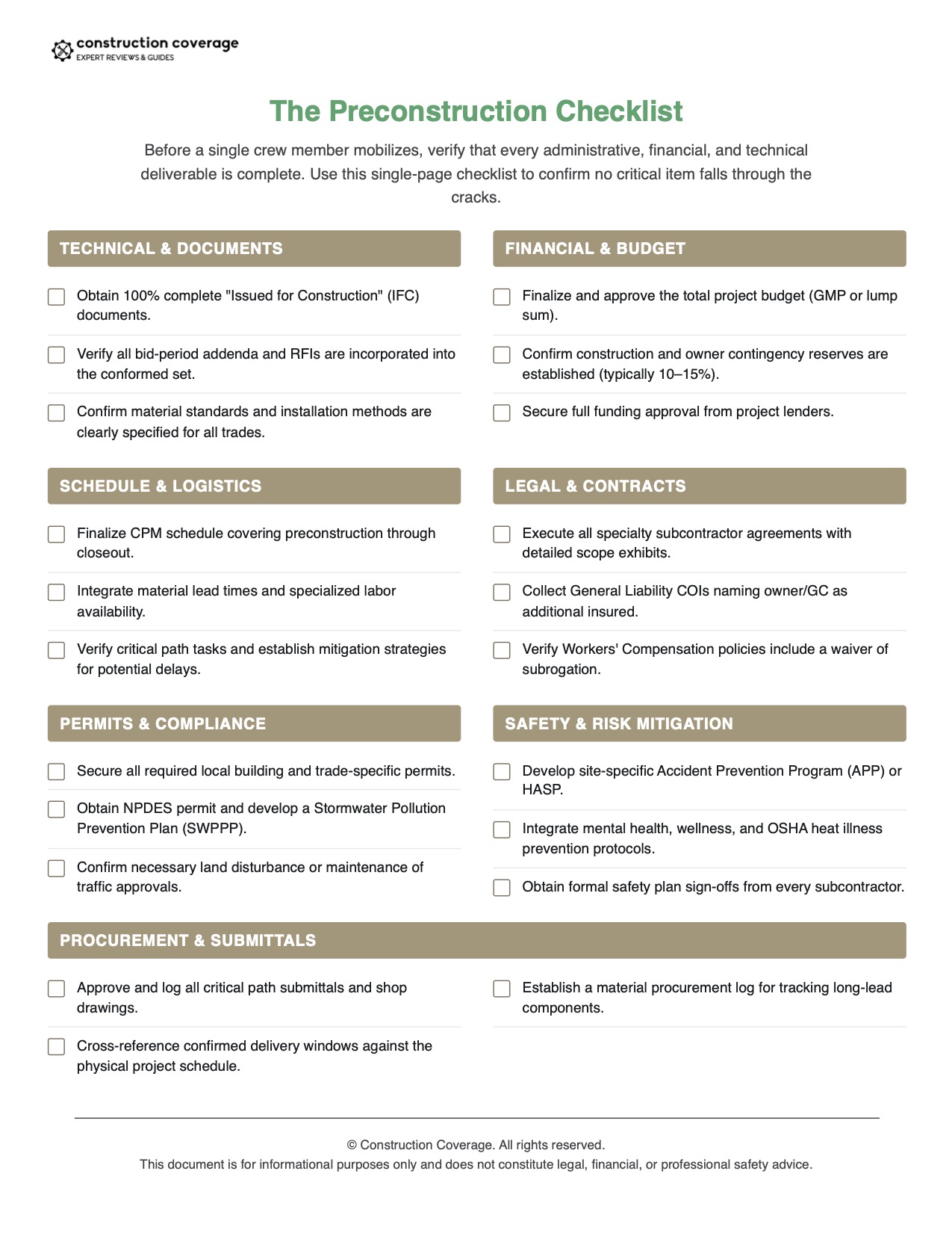 A comprehensive preconstruction checklist that covers documents, financials, schedules, legal, permits, safety, and procurement.