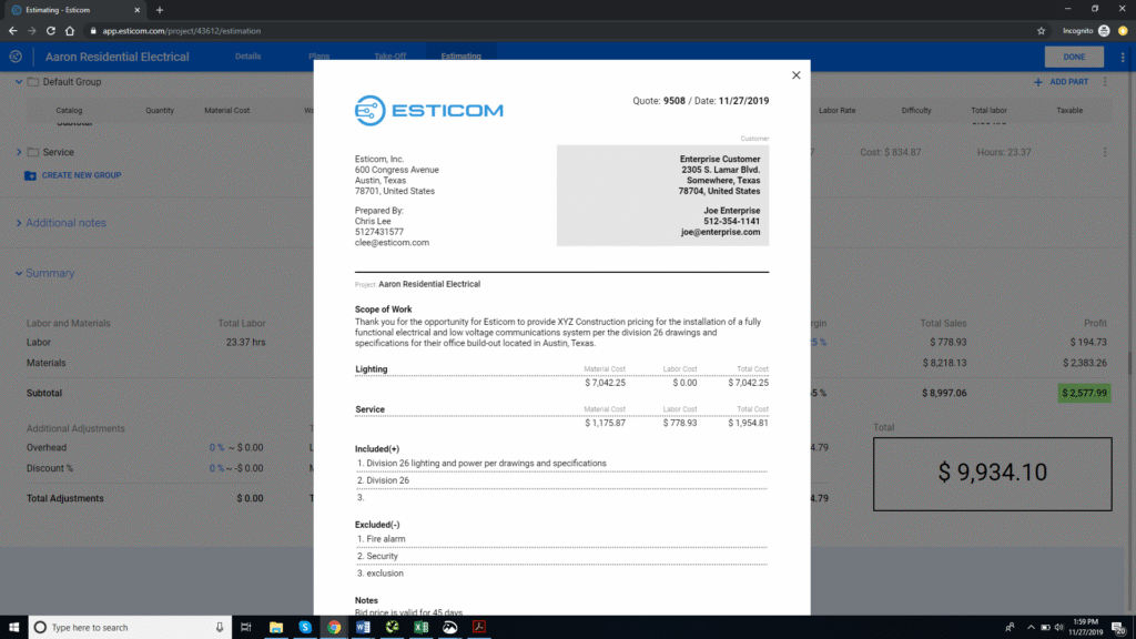 Screenshot of Procore's estimating module being accessed via windows-based web browser and showing a PDF example of a basic estimate for a residential electrical project.