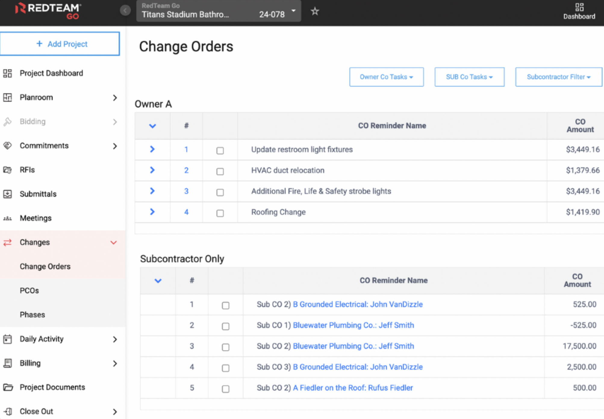 RedTeam Go Change Order Management Screenshot