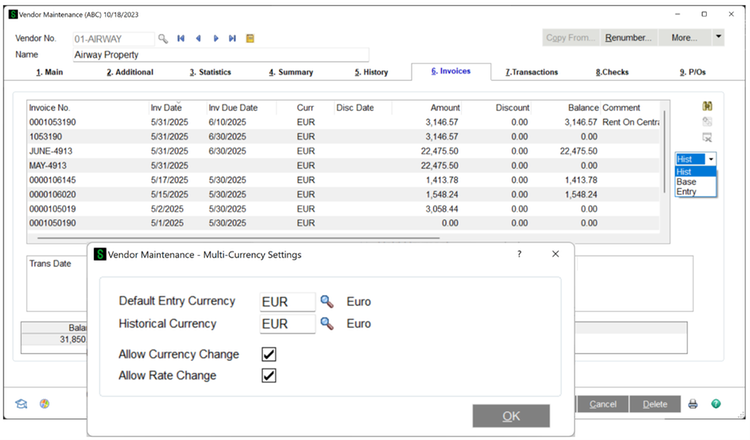Sage Multi-Currency Settings Interface Screenshot