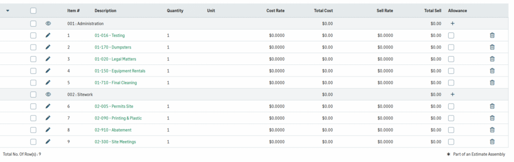 Screenshot of the Sage Estimate Assembly setup interface showing a bare-bones basic "project assembly" template.