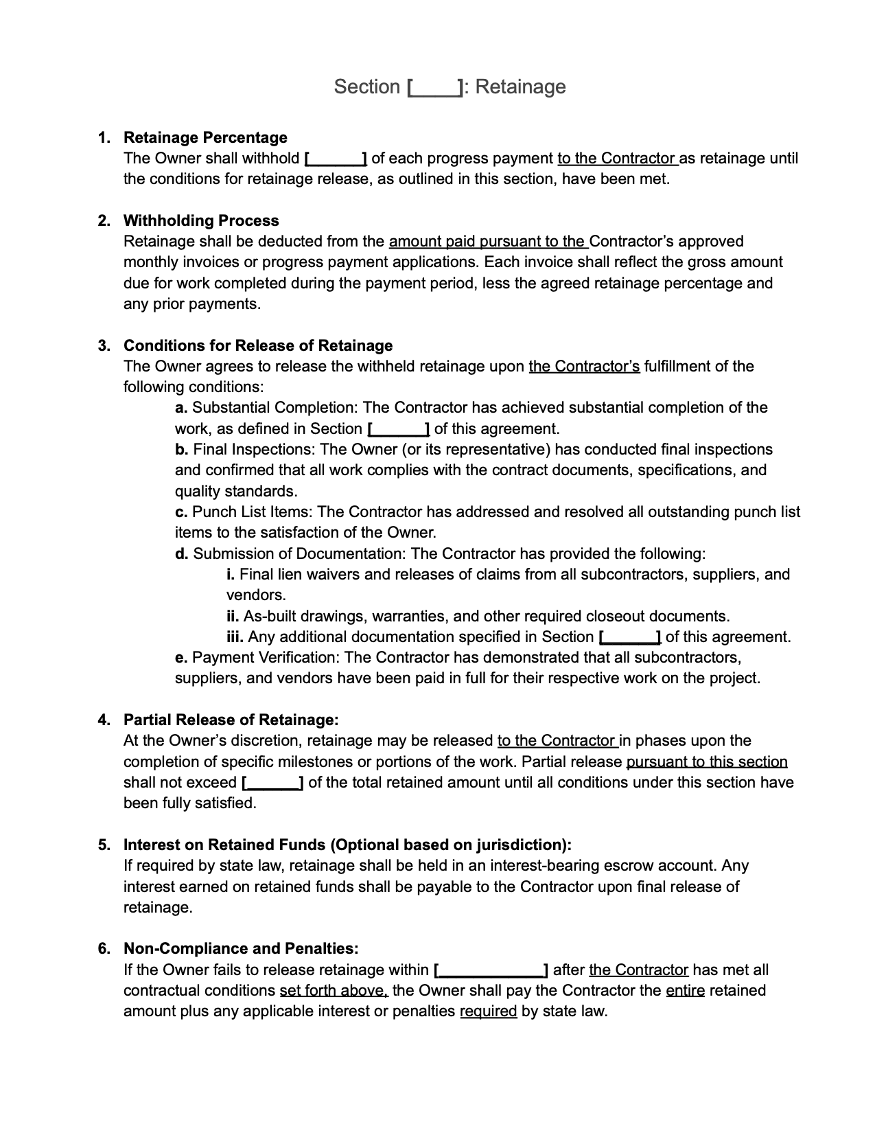 An image of a contractual document showing a sample retainage clause for a construction project.