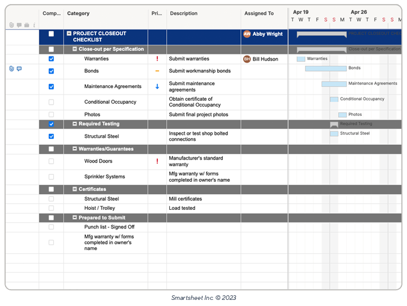 Smartsheet Closeout List Screenshot