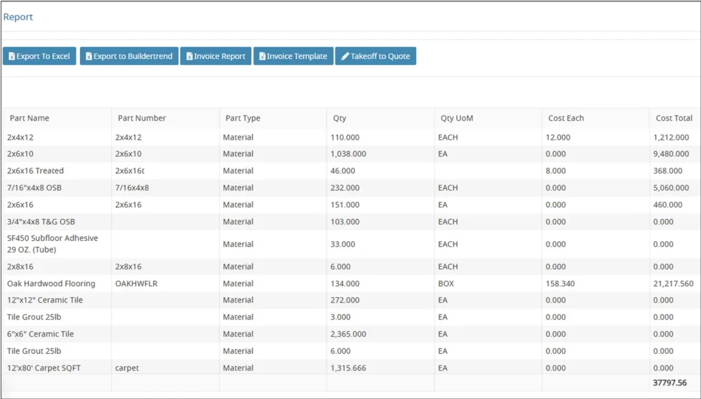 Square Takeoff - Takeoff Report Screenshot