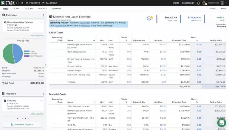Screenshot of Stack's Estimates interface showing a specific material and labor estimate with costs broken down by type (material vs labor) and line-items for each cost with price by unit and totals.