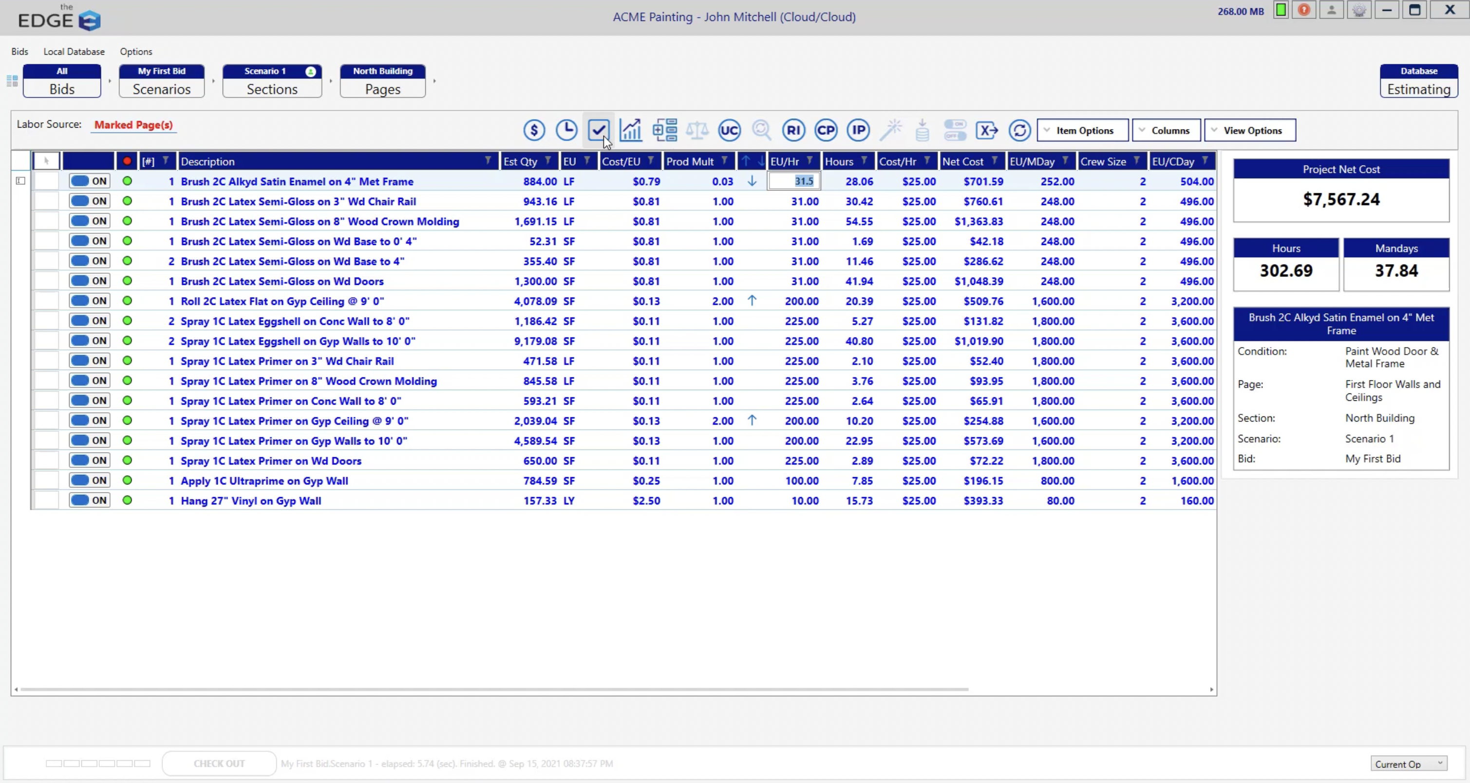 Screenshot of The Estimating Edge with an estimate pulled up for a painting job.