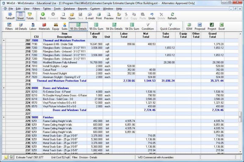 Screenshot of WinEst's WinEstimator platofrm showing a sample estimate organized by CSI cost code in a spreadsheet-like interface.