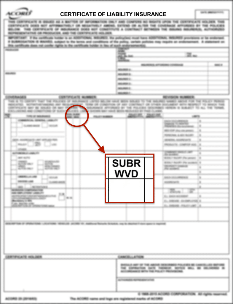A blurred ACORD 25 Certificate of Liability Insurance with the waiver of subrogation column clearly located in the Coverages section of the fom.