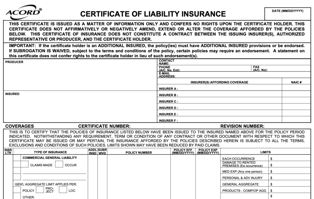 Top of ACORD Form 25 Certificate of Insurance